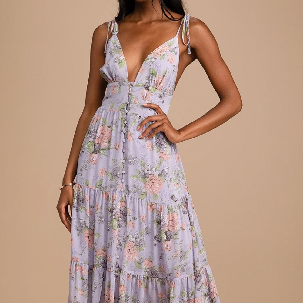 Lulus Everlasting Sight Lavender Floral Print Tie-Strap Midi Dress Size M